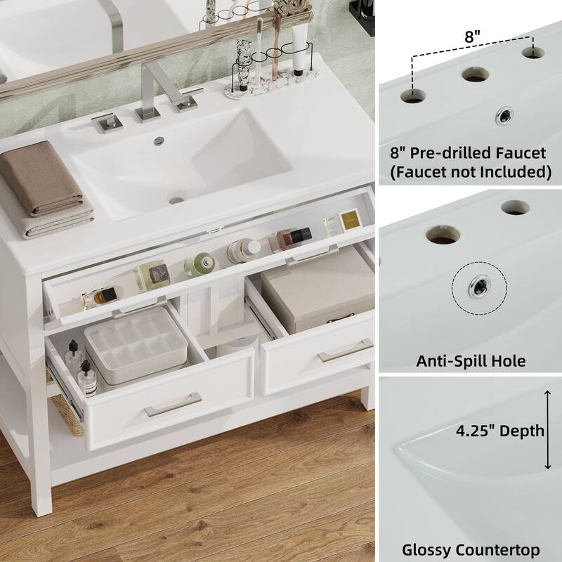 36" Contemporary Bathroom Vanity with Ceramic Sink - Tip-Out Tray + 2 Full-Extension Drawers