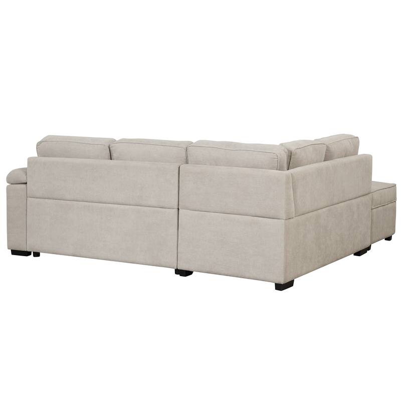 Sleeper Sofa Bed with Storage Ottoman, 2 in 1 Convertible Sectional Sofa Couch, Linen 4-Seater Sofa with Cup Holder