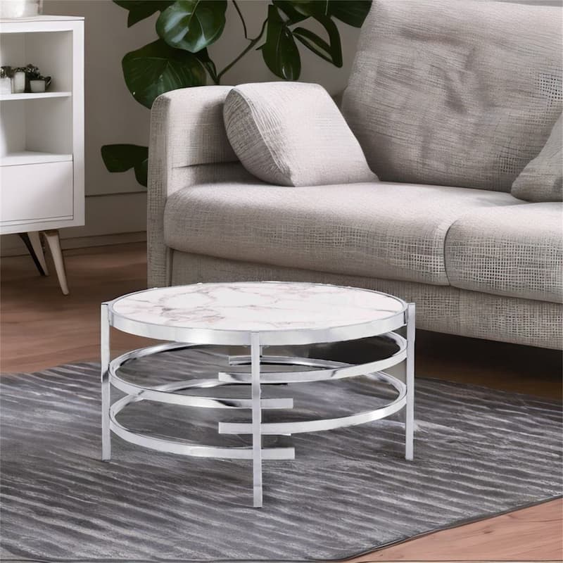 Round Coffee Table with Sintered Stone Top and Sturdy Metal Frame - Silver