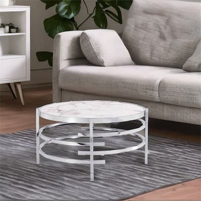 Round Coffee Table with Sintered Stone Top and Sturdy Metal Frame