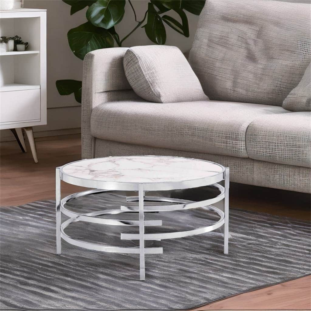 Round Coffee Table with Sintered Stone Top and Sturdy Metal Frame