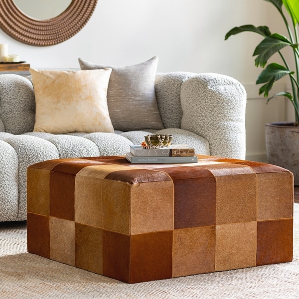 Fatime Hair On Hide Patchwork Large Ottoman Brown