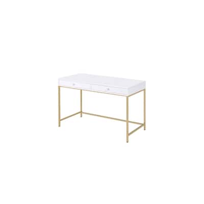 Modern Desk with Drawers, White Gold Office Computer Writing Table