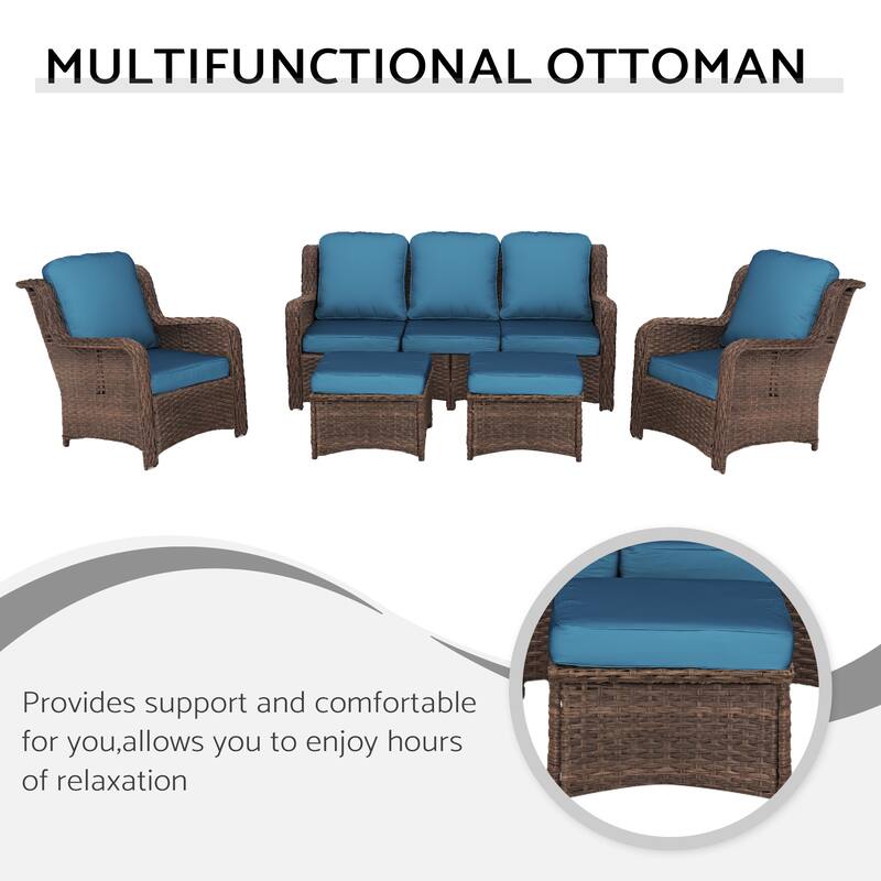 5 Piece Rattan Outdoor Patio Conversation Set, All Weather Hand Woven Wicker Sectional Sofa Set with Removable Cushions