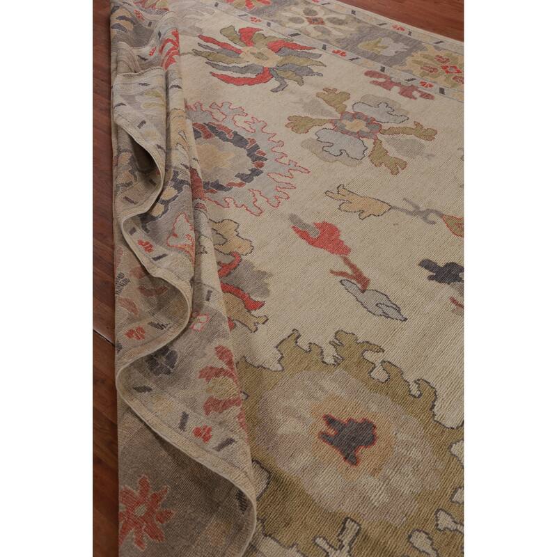 Hand Knotted Oriental 100% Wool Carpet Transitional All-Over Beige & Ivories Oushak Area Rug - 12' 5'' X 9' 1''