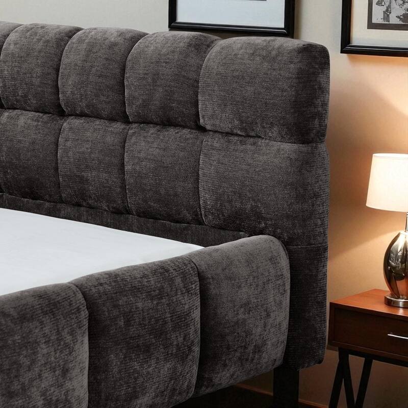 California King Upholstered Platform Bed, Thick Chenille, Low-Profile Headboard, No Box Spring, 90.5 x 80.5 x 31 in
