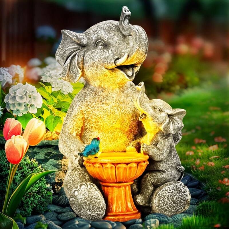 Solar Elephant Bird Bath for Outdoor Garden Decor with LED Lights - 6 in. x 6 in. x 9 in. - Grey