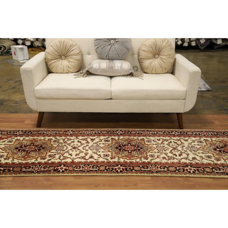 Hand Knotted Oriental 100% Wool Carpet Traditional Geometric Beige & Ivories Heriz (serapi) Runner Rug - 9' 11'' X 2' 5''