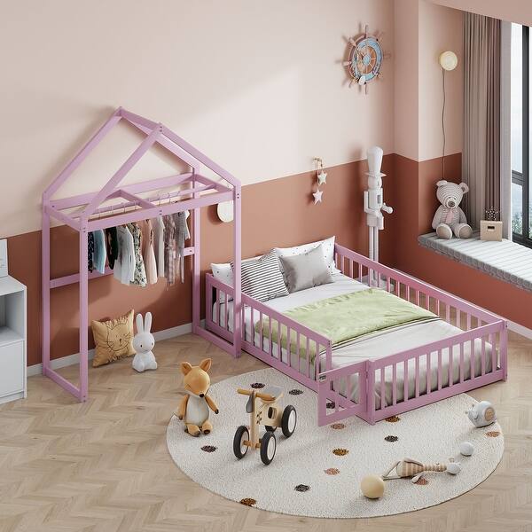 slide 2 of 14, Full Floor Bed w/Fence Railings&Detachable House Shape Headboard, Pink Pink - Full