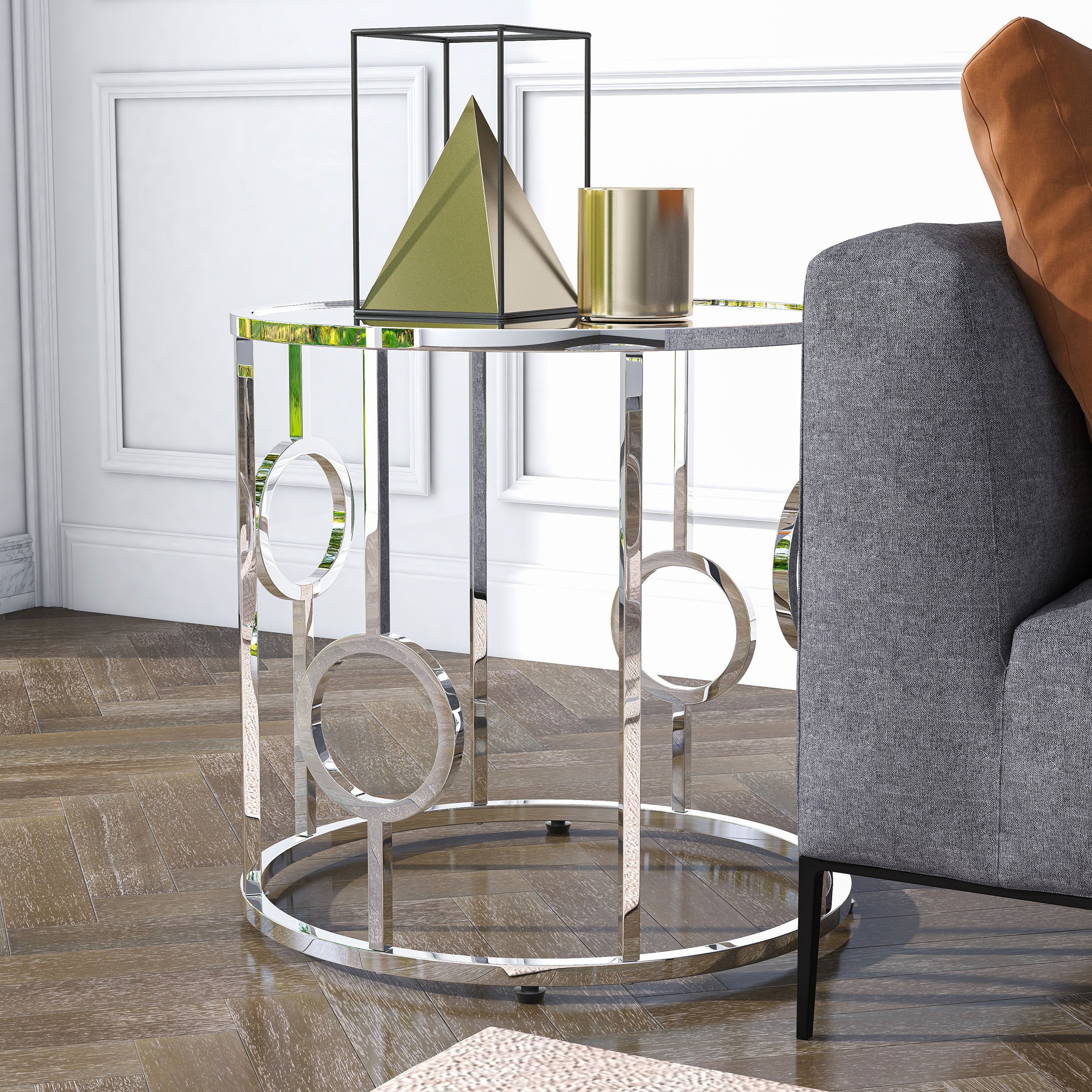 Furniture of America Hoop Glam Chrome 23-inch Mirror End Table