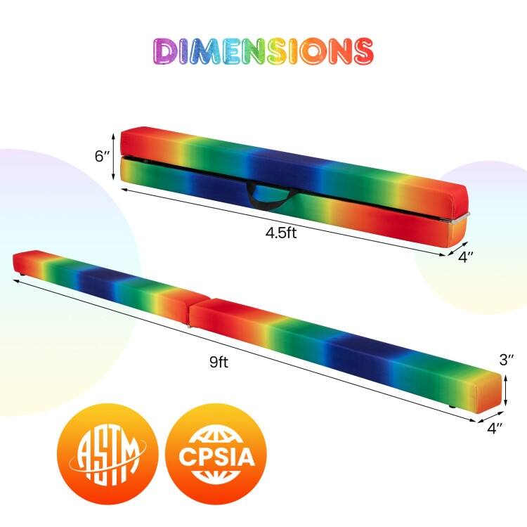 9 Feet Kids Balance Beam for Home Foldable Gymnastics Beam with Non-Slip Bottom and Wood Frame - 108” x 4" x 3" (L x W x H)