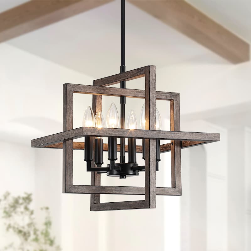 12.99" Wide 6-Light Semi Flush Mount Chandelier, Industrial Style Square Open Frame Pendant Light for Living Room - Black+Brown