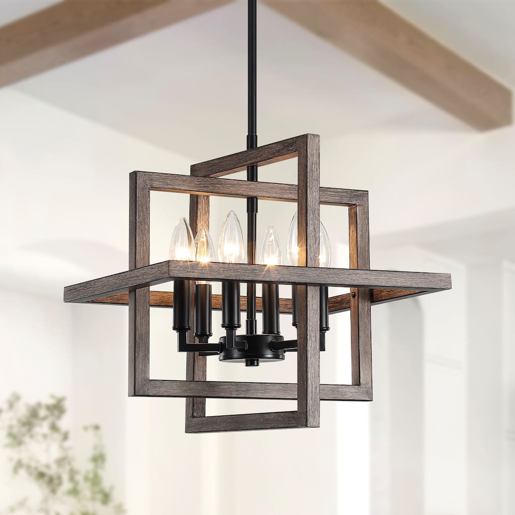12.99" Wide 6-Light Semi Flush Mount Chandelier, Industrial Style Square Open Frame Pendant Light for Living Room