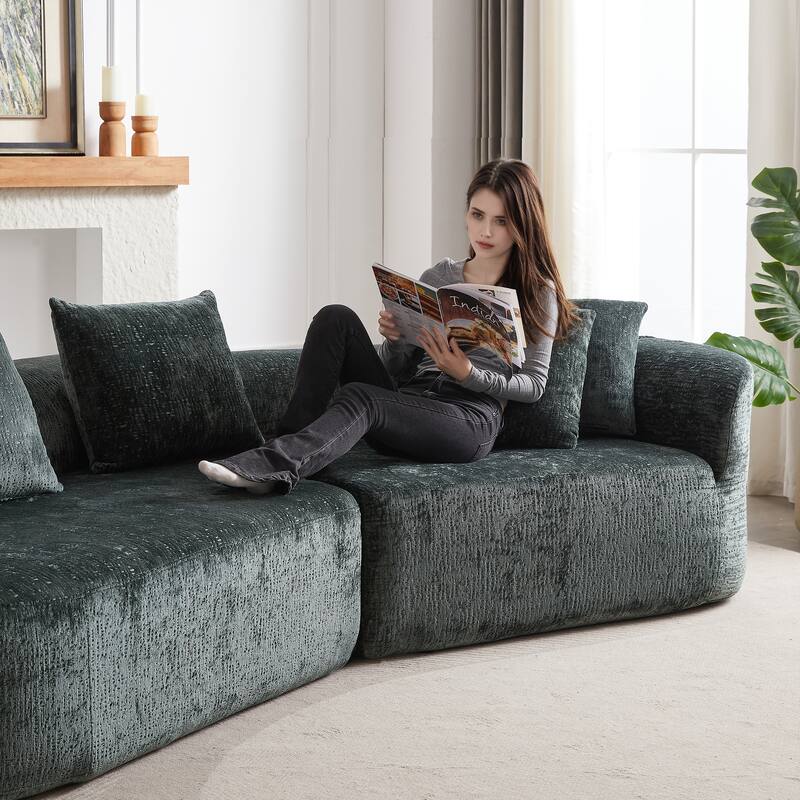 114" Chenille Cloud Sectional Sofa with Extra Deep Seating, and 4 Throw Pillows & No-Assembly Design