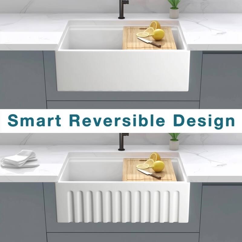 30 Inch Workstation Reversible Ceramic Farm Apron Front Kitchen Sink with Ledge and Accessories