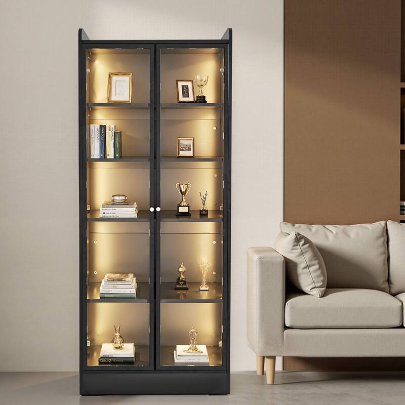 Black MDF Glass Display Cabinet 5-Tier with LED Lighting and Doors - 27.56 × 13.39 × 66.93 inch
