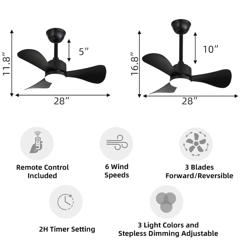 28 in. Modern Downrod Mount Ceiling Fan with 3-Color Light, 3 ABS Blades, Reversible DC Motor