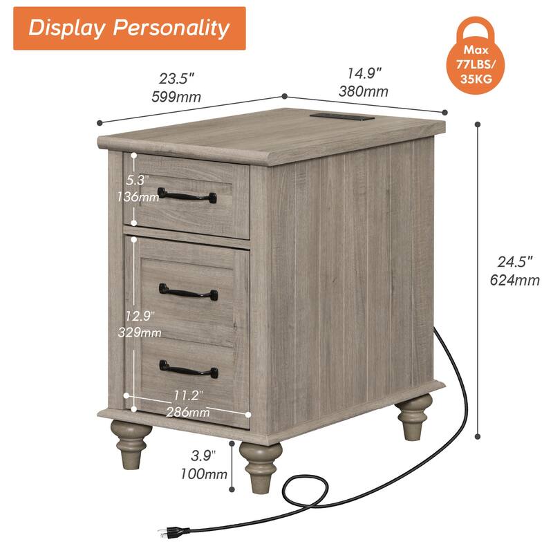 End Table with Charging Station, Side Table with Storage, Power Outlets & Type-C USB Ports for Living Room