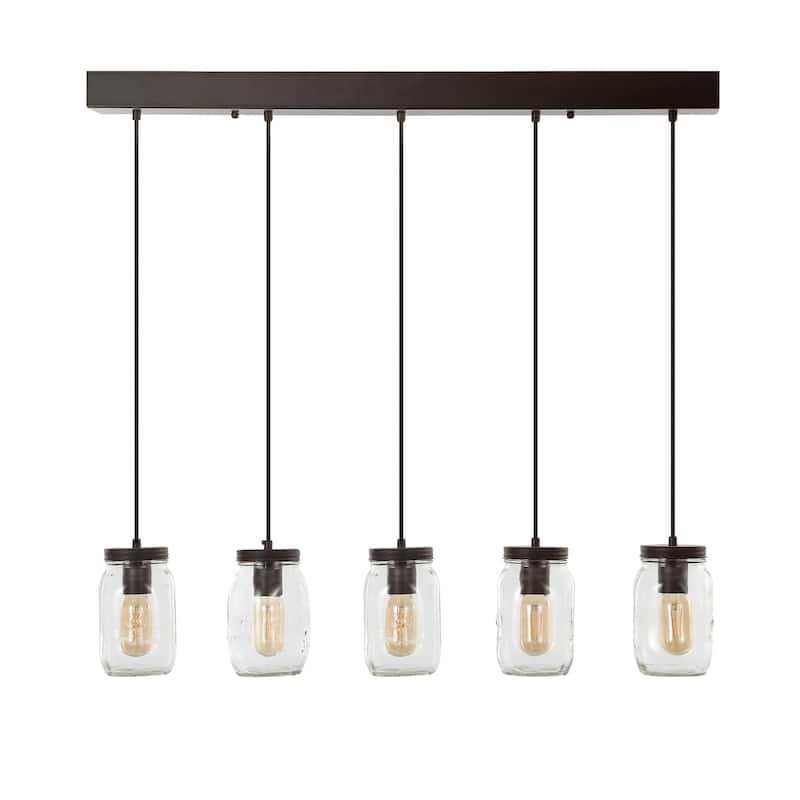 Gaines 33.25" 5-Light Farmhouse Industrial Iron Mason Jar Linear LED Pendant, Oil Rubbed Bronze/Clear by JONATHAN Y