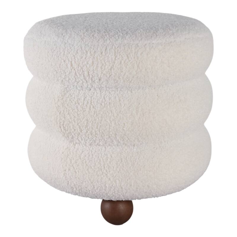 Decorative Round Ottoman with Ribbed Design and Ball Feet- 18", Ivory