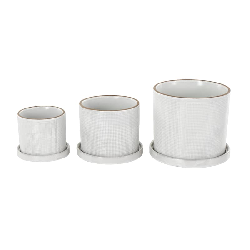 Ceramic Geometric Grid Patterned Indoor Outdoor Planter with Brown Accents and Base Tray - Set of 3 White - Roche River Decor