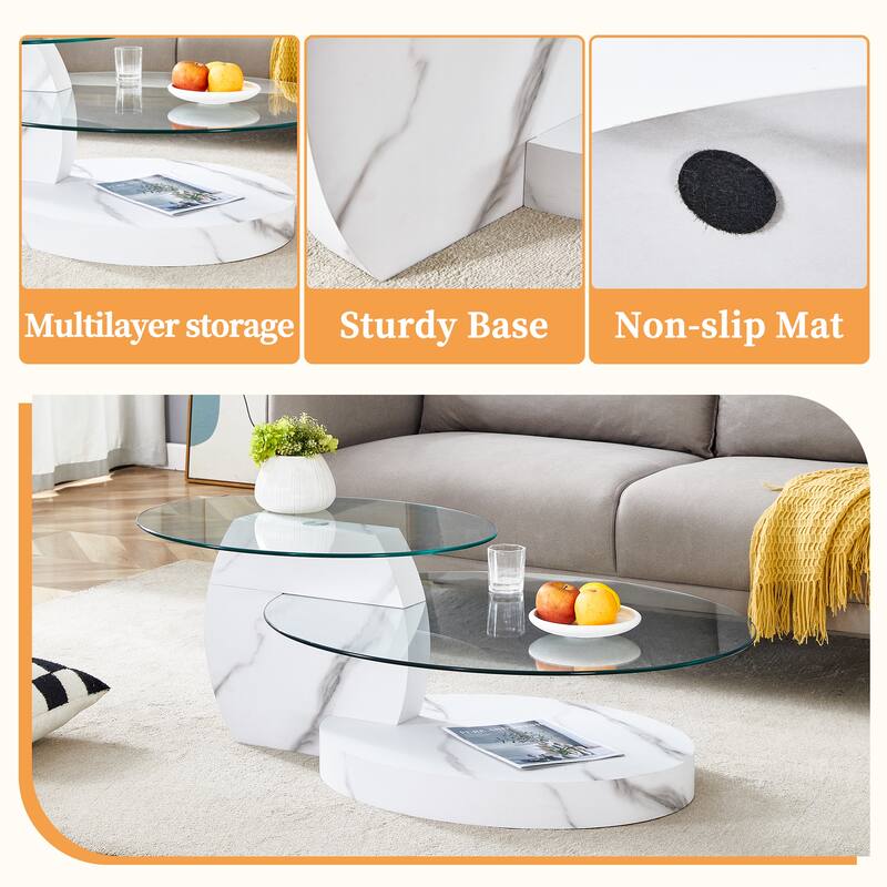 Roomfitters Double Layer Coffee Table with White Marble and Wood Grain Finish, Artistic Modern Design