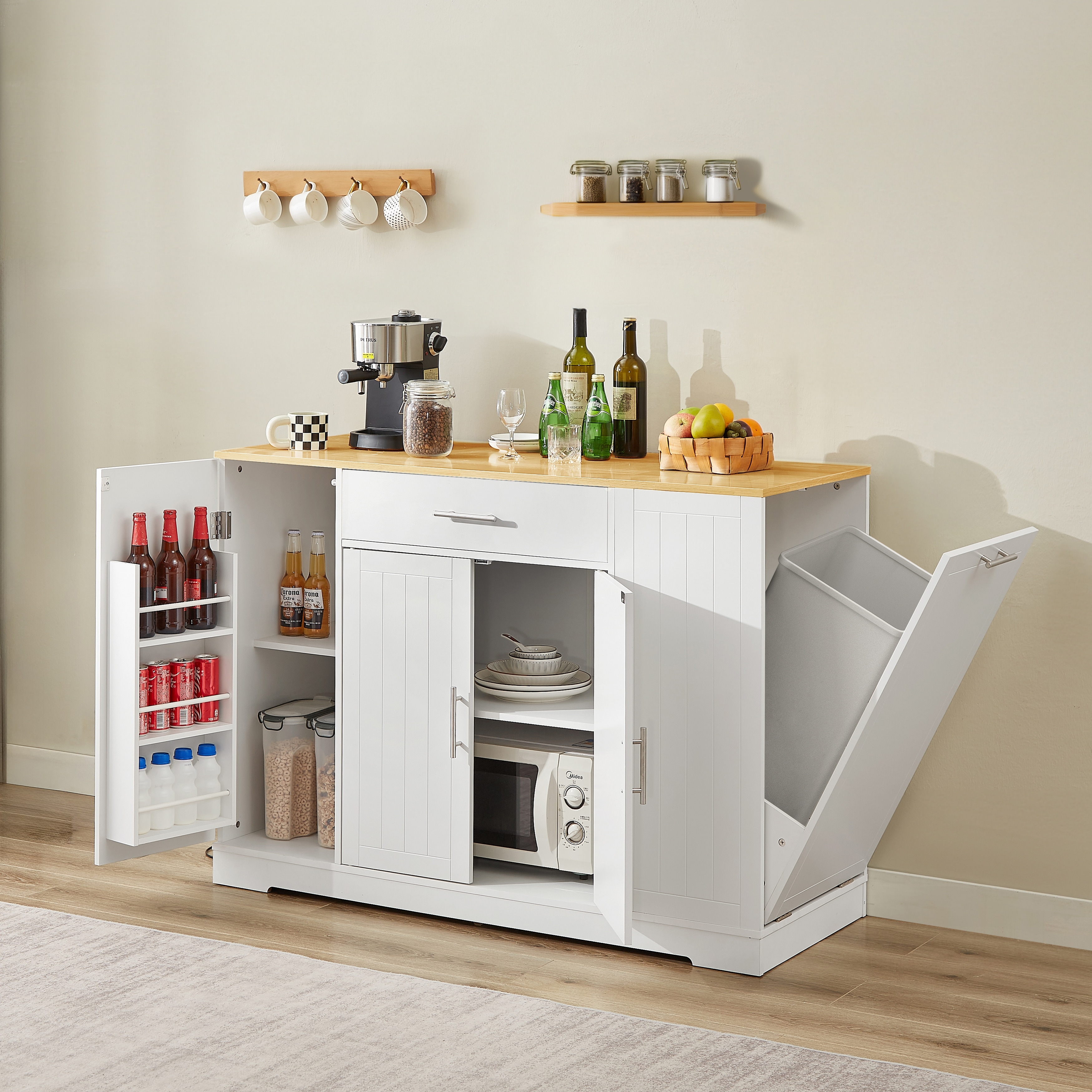Rolling Kitchen Island with Trash Can Storage Cabinet, Floating