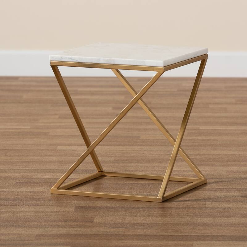 Hadley Modern and Contemporary Metal End Table with Real Marble Top