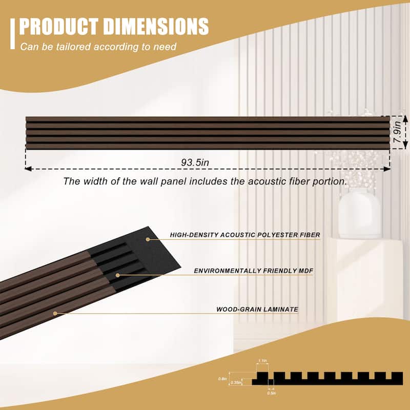 93.5" x 7.9" Wood Slat Acoustic Wall Panels for Ceiling and Wall Decor, 4-Pack (21 sq ft)