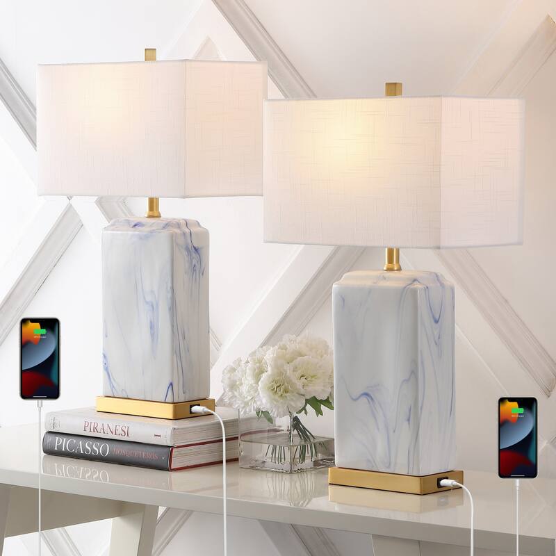 Easton 24.5" Modern Coastal Iron/Marbled Ceramic LED Table Lamp with USB Charging Port, Blue/White (Set of 2), by JONATHAN Y