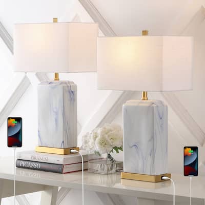 Easton 24.5" Modern Coastal Iron/Marbled Ceramic LED Table Lamp with USB Charging Port, Blue/White (Set of 2), by JONATHAN Y