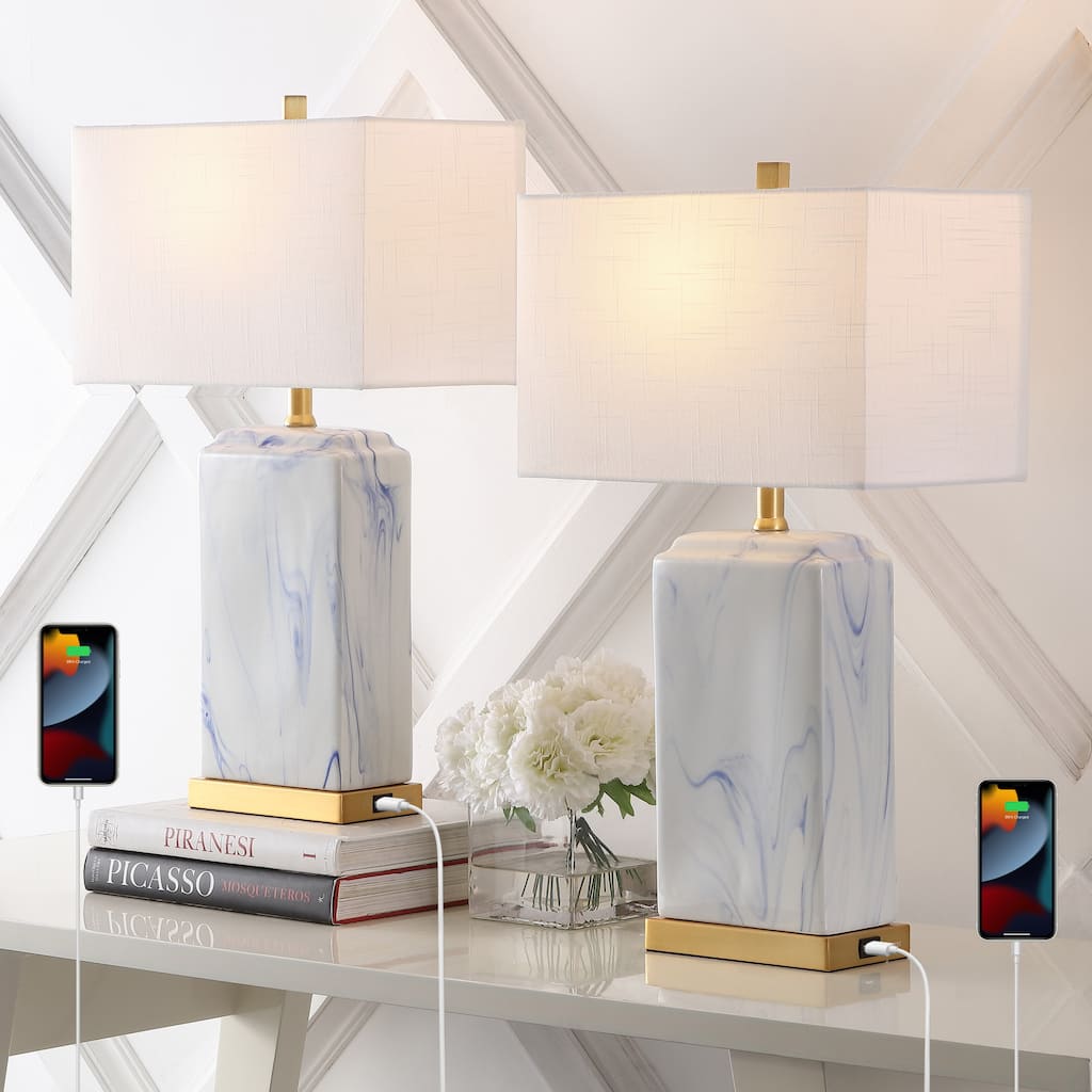 Easton 24.5" Modern Coastal Iron/Marbled Ceramic LED Table Lamp with USB Charging Port, Blue/White (Set of 2), by JONATHAN Y