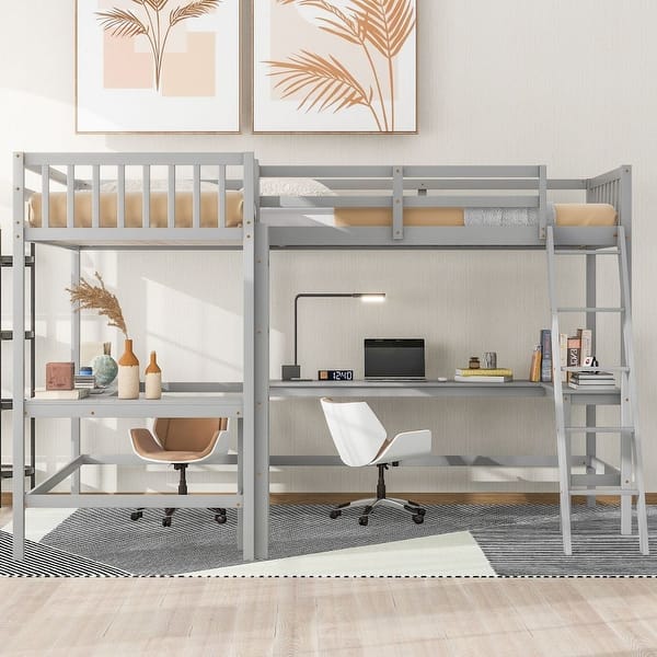 slide 2 of 9, Wood Twin Size L-Shaped Loft Bed with Ladder and 2 Built-in L-Shaped Desks Grey