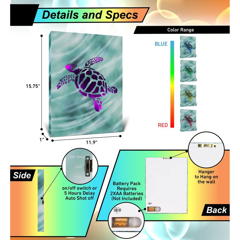 CoTa Global Sea Turtle Light Up LED Wall Art - Changing Color LED - 15.75Lx11.9Wx1H inches