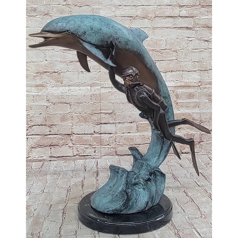 Scuba Diver Imitative Dolphin Real Bronze Sculpture Statue Original Numbered Art By Marius