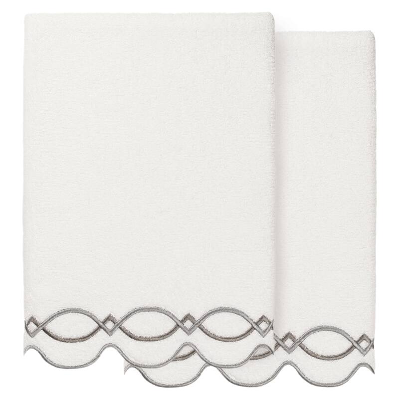 Authentic Hotel and Spa 100% Turkish Cotton DIAMOND CHAIN Scallop Embellished Towel Collection - White/Grey - 2 Bath Towels