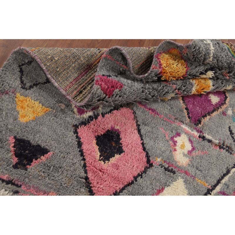 Grey Geometric Plush Moroccan Oriental Rug Hand-Knotted Wool Carpet - 6'1" x 9'5"