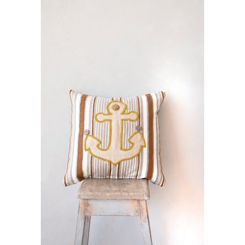 Woven Cotton Blend Appliqued Anchor Pillow with Stripes and Wood Buttons