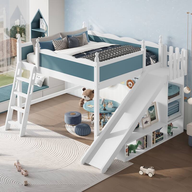 Fun Play Loft Bed for Kids with Open Shelves and Wardrobe, Solid Wood Storage Bed Frame with with Detachable Slide and Ladder - Blue-White - Queen