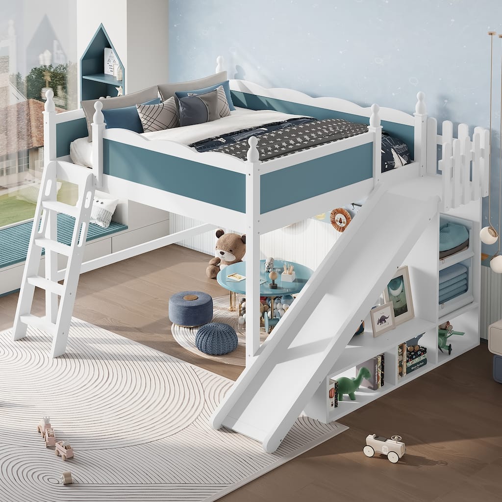 Roomfitters Queen Loft Bed with Slide and Storage Cabinet, Solid Wood High Sleeper with Shelves, Blue and White