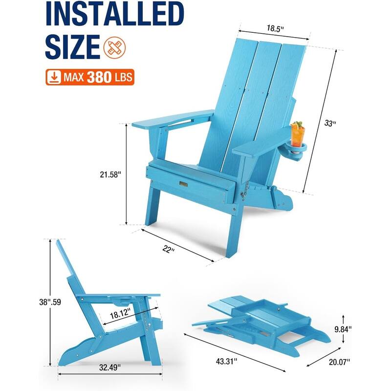 WINSOON Modern HDPE Outdoor Folding Adirondack Chair With Cup Holder-Set Of 2