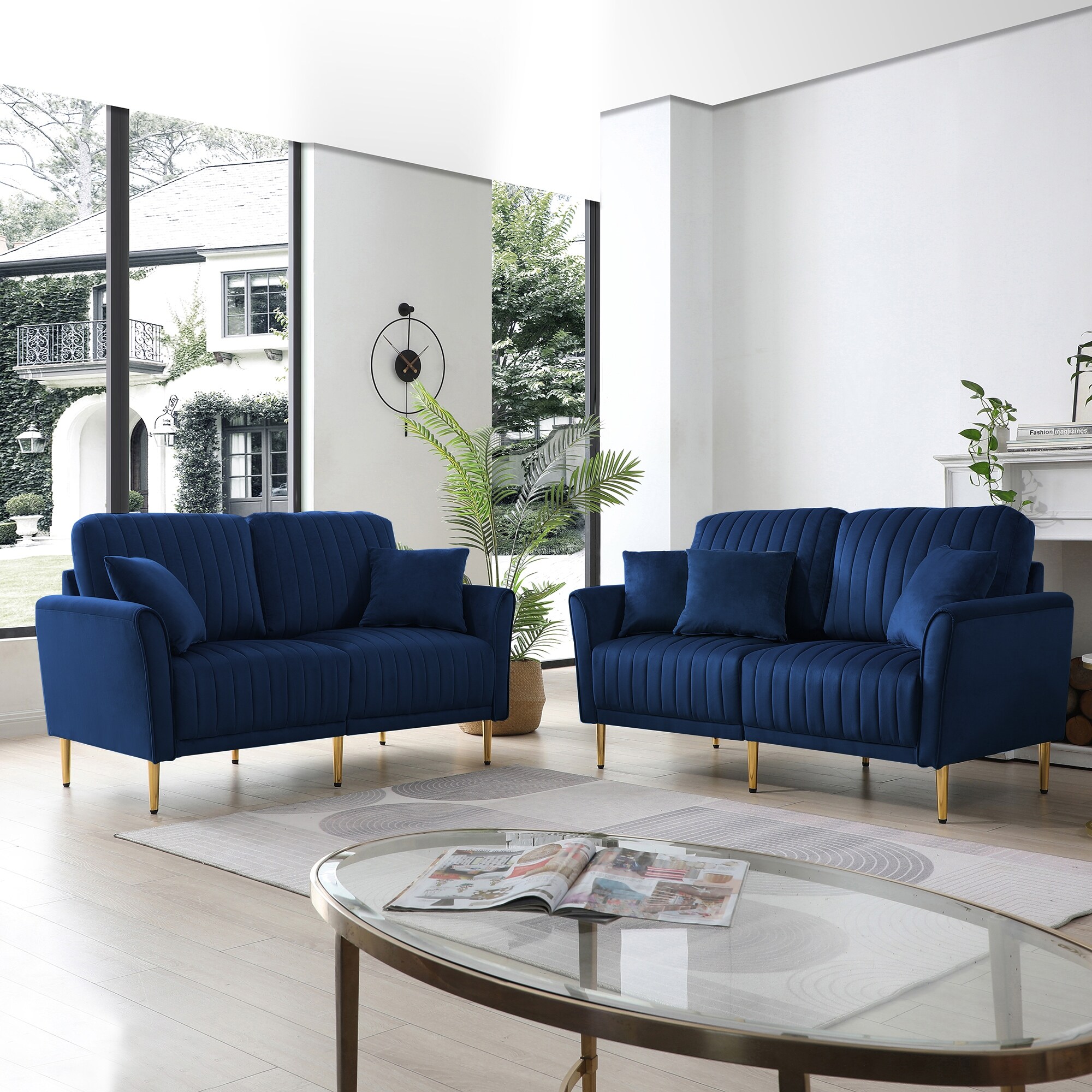 Blue Modern Luxurious Velvet Sofa Set with Removable Tufted Cushions 2 Loveseat 4 Pillows