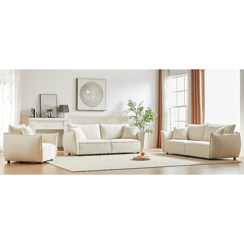 Stylish Chenille Upholstered Sofa Bed, 3-Seater Couch with Chaise and Ottoman Bench - Beige