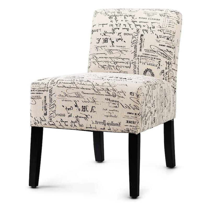 Modern Accent Chair Off-White French Cursive Pattern Upholstery with Black Wood Legs - 27"L x 20.5"W x 30"H