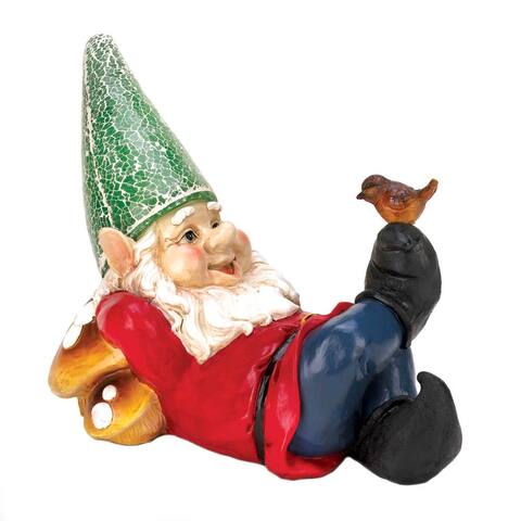 11.75" Red and Blue Lazy Gnome Solar Outdoor Garden Statue
