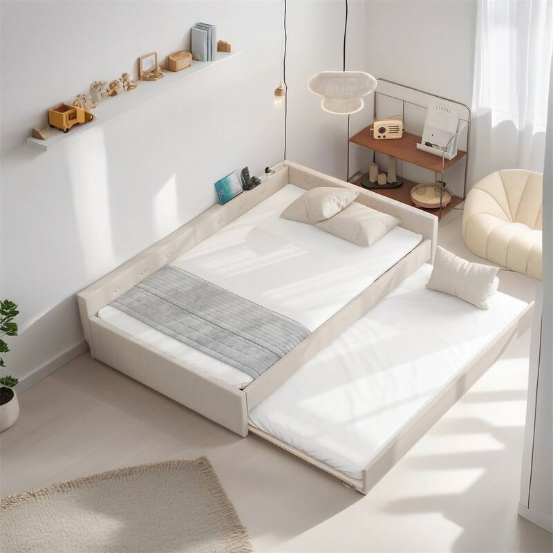 Full Size Upholstered Platform Bed with USB & Twin Size Trundle, Beige