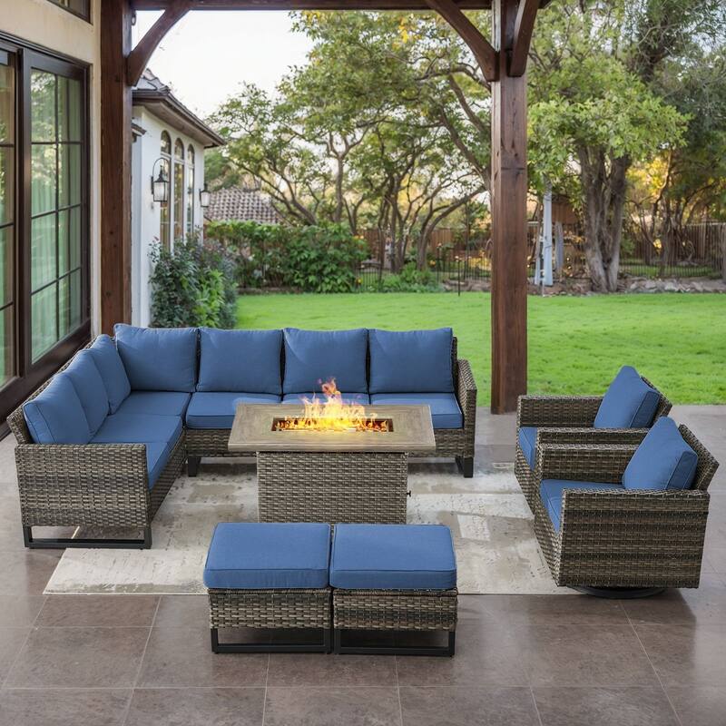 Gymojoy L-Shaped Outdoor Corner Sectional Sofa 6-seats Couch Conversation Set - 6 PCS - Ottomans & Swivel Chairs & Fire Pit - Grey Wicker / Blue Cusion