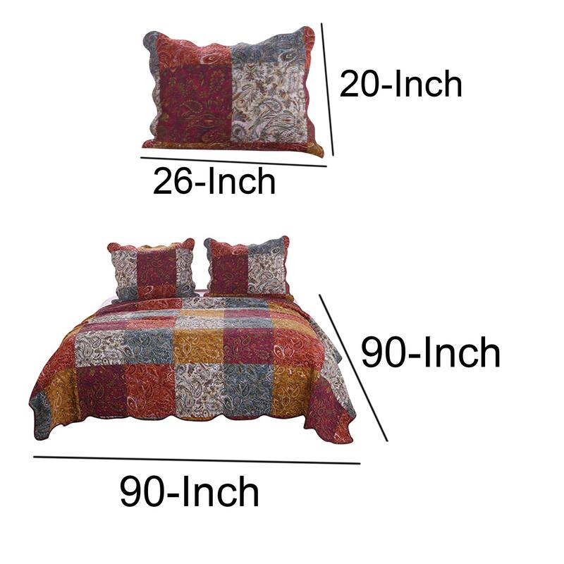 3 Piece Full Size Quilt Set, Soft Cotton, Paisley Print, Multicolor