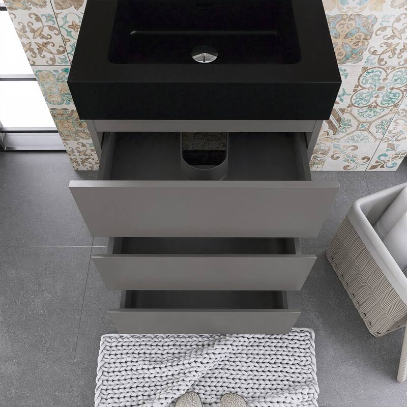 Freestanding Bathroom Vanity with Black Solid Surface Top