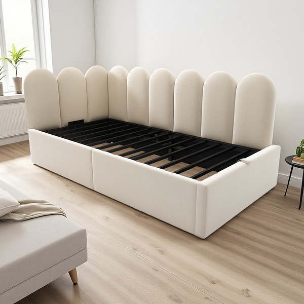 slide 2 of 25, Twin Size Velvet Upholstered Daybed with Hydraulic Storage, Metal Slatted Frame & Interchangeable Side Panels Beige